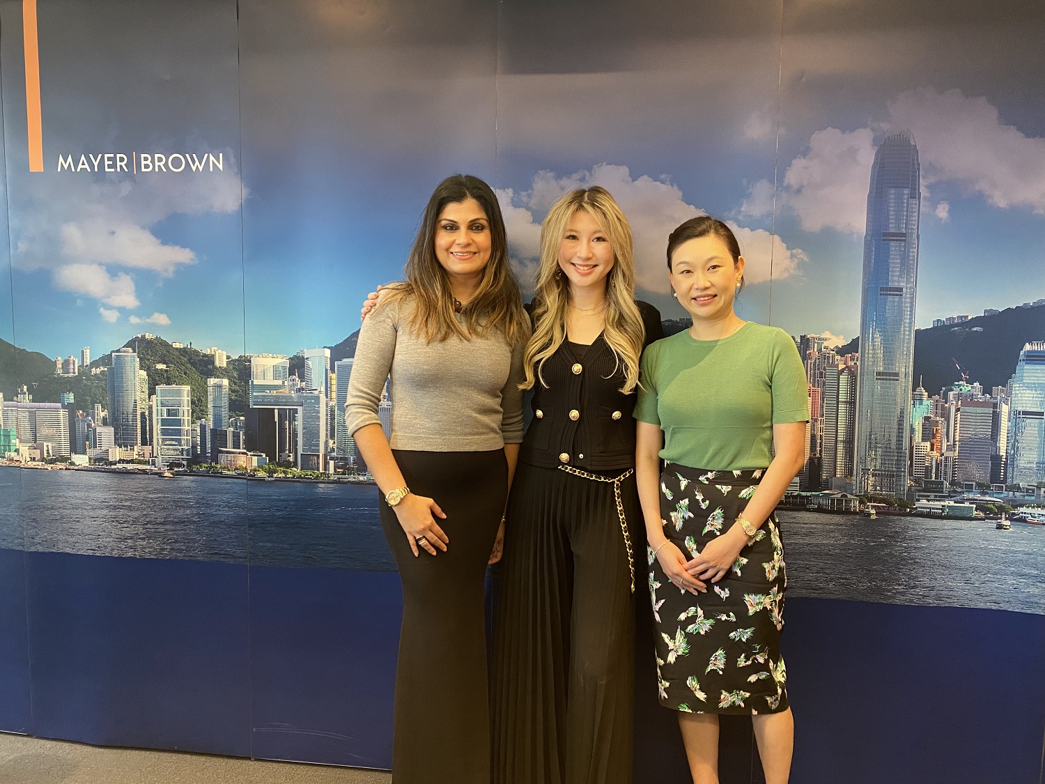 Amita Haylock, partner of Mayer Brown's IP & TMT group and Co-Chair of the Asia Women's Network, Alison Tsai, Chairlady of Women In Law Hong Kong and Helen Wang, counsel in the Corporate & Securities practice in Mayer Brown's Hong Kong office and Co-Chair of the Asia Women's Network (from left to right)